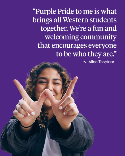 a student throwing up a w with her fingers and a quote next to her