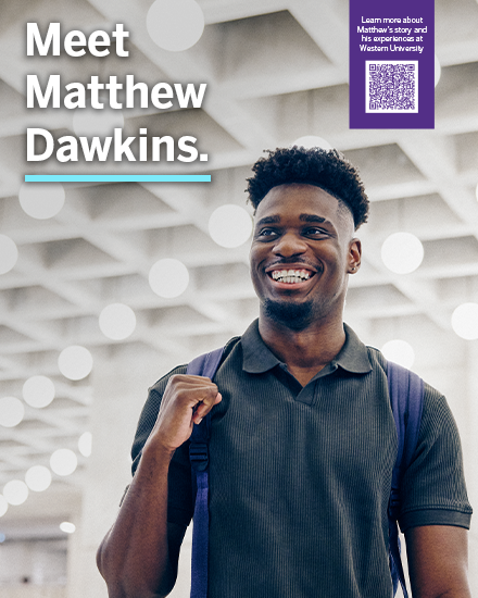 a poster showcasing a student walking with a back pack on his back and QR code in the top corner